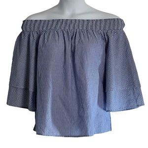 INC Offf Shoulder, Tiered Sleeves, Blue White Striped, Top Adjustable Straps, L.